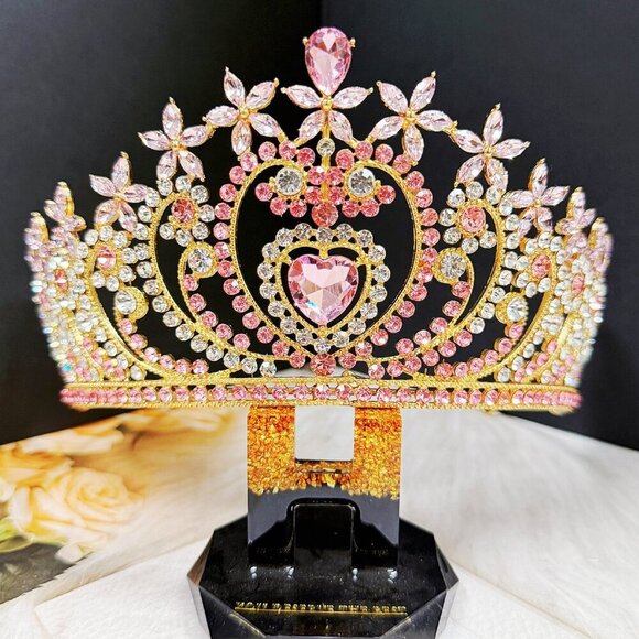 Crystal heart tiara, Gold tiara, Pink stone Tiara, Bridal tiara, Birthday crown main image 5